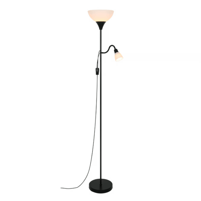 Czarna, wysoka lampa podłogowa Lauria idealna do czytania