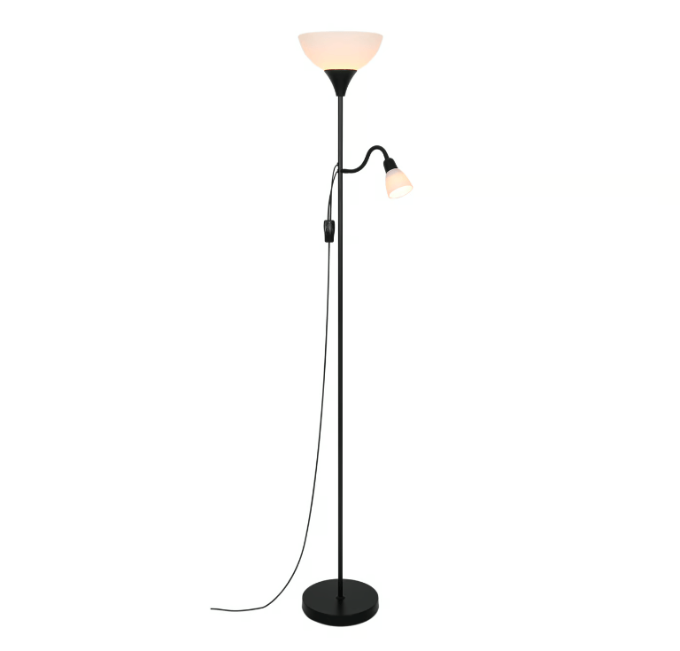 Czarna, wysoka lampa podłogowa Lauria idealna do czytania