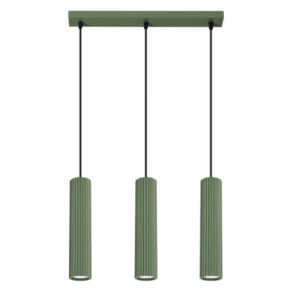 Zwisająca nad stołem zielona lampa Karbon 3 z oliwkowymi tubami