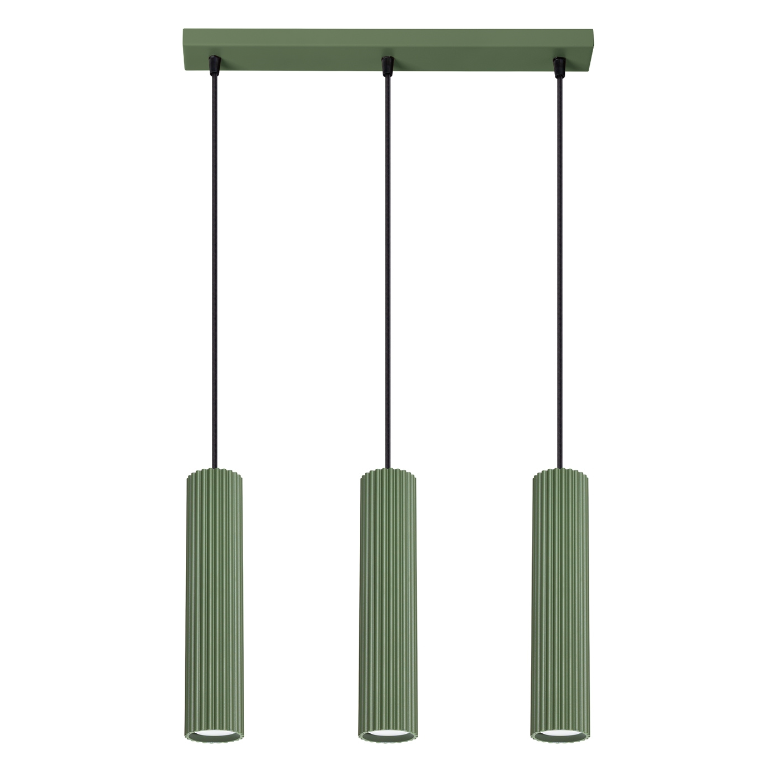 Zwisająca nad stołem zielona lampa Karbon 3 z oliwkowymi tubami