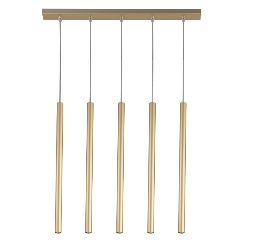 Złota lampa Filora 5 z eleganckimi, wiszącymi tubkami