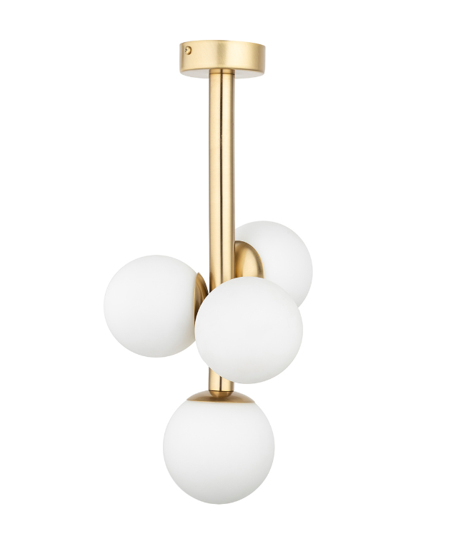 Elegancka złota lampa sufitowa Brassia 4 z kulistymi kloszami