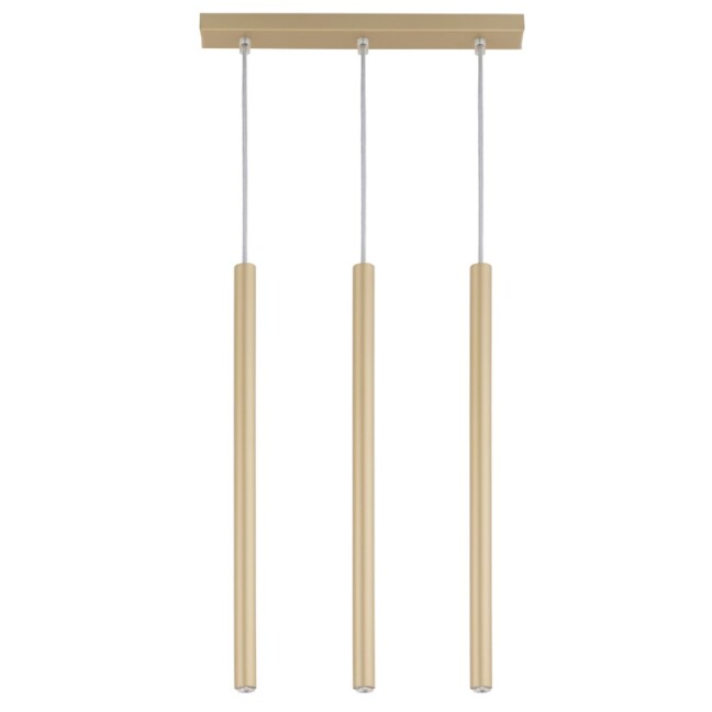 Złota wisząca lampa Filora 3 na listwie w formie smukłych tub