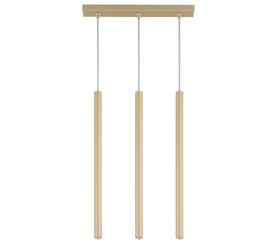Złota wisząca lampa Filora 3 na listwie w formie smukłych tub
