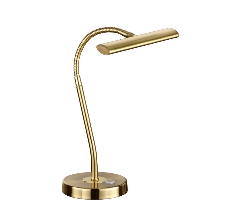 Złota lampka biurkowa Curtis LED z elastycznym ramieniem, idealna do gabinetu