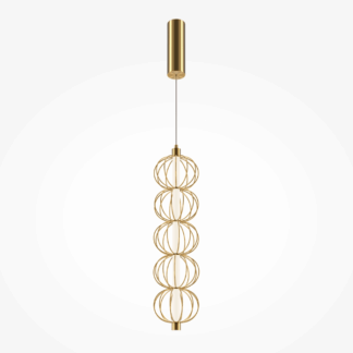 Nowoczesna wisząca lampa LED Golden Cage w złotym kolorze z drucianymi kulami