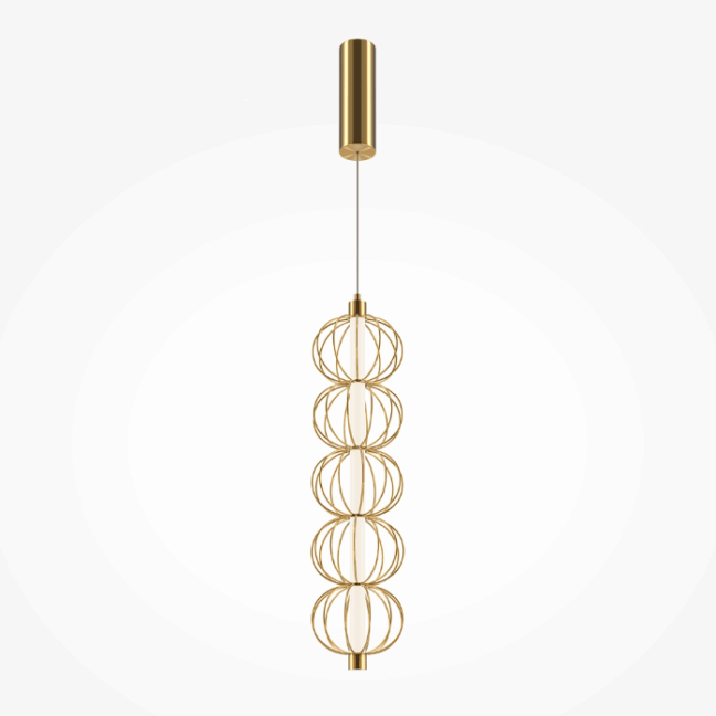 Nowoczesna wisząca lampa LED Golden Cage w złotym kolorze z drucianymi kulami