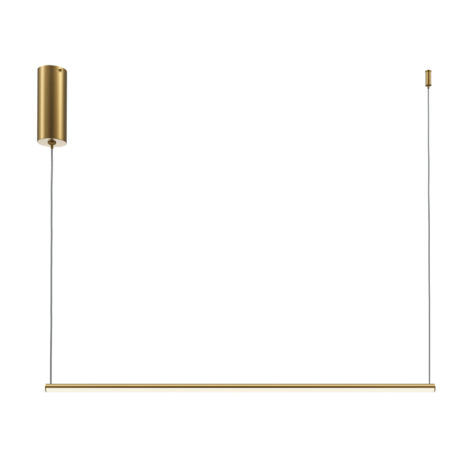 Nowoczesna złota lampa wisząca Halo Maytoni z poziomą belką LED 10W o długości 80 cm, zawieszona na dwóch cienkich linkach, idealna do kuchni i stołów jadalni, w minimalistycznym designie.