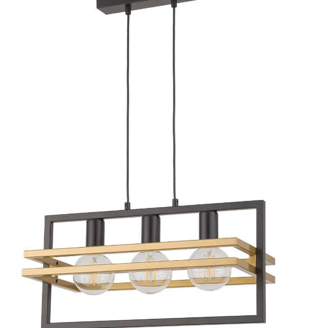 Lampa wisząca z czarną prostokątną ramą i dwoma złotymi listwami w kształcie prostokąta z trzema widocznymi żarówkami na białym tle.