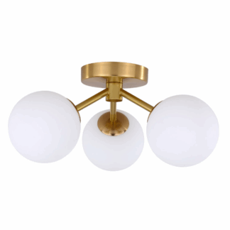 Elegancki złoty plafon Dorado z trzema mlecznymi szklanymi kloszami