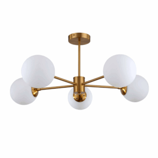 Złoty żyrandol Roma z pięcioma opalowymi kloszami