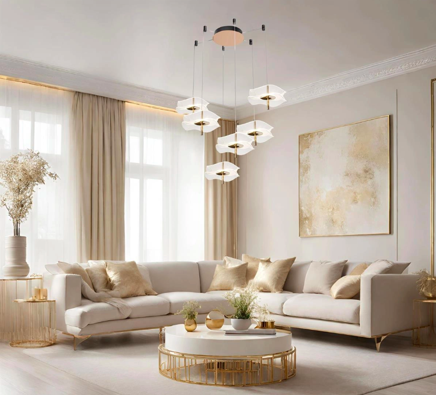 Nowoczesny złoty żyrandol Mariposa LED z akrylowymi kloszami