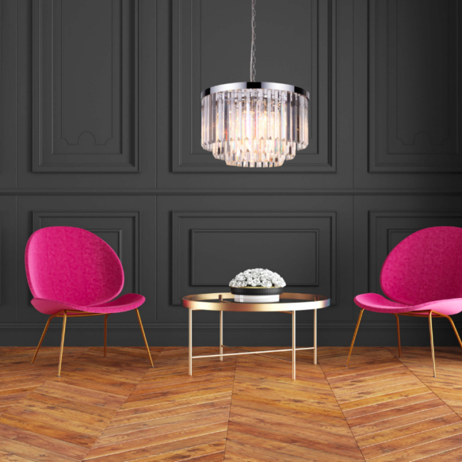 Srebrna lampa wisząca glamour Vetro z ozdobnymi szklanymi kryształkami