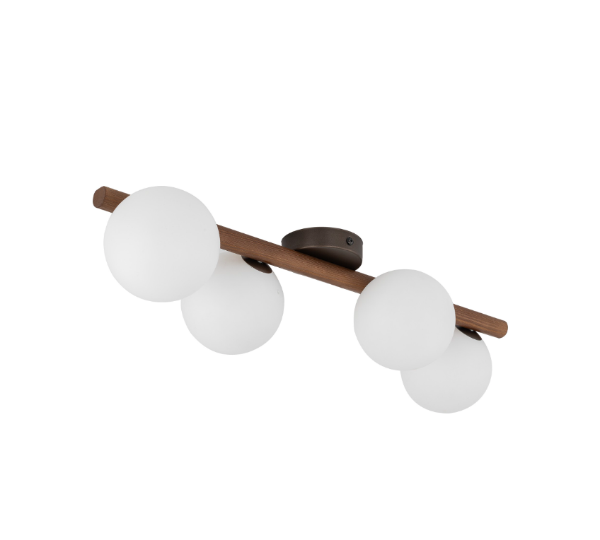 Brązowa drewniana lampa sufitowa Estera 4 z białymi kulistymi kloszami