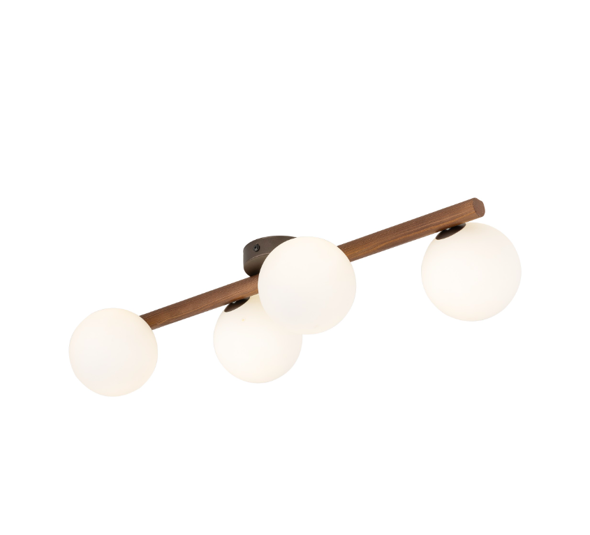 Brązowa drewniana lampa sufitowa Estera 4 z białymi kulistymi kloszami