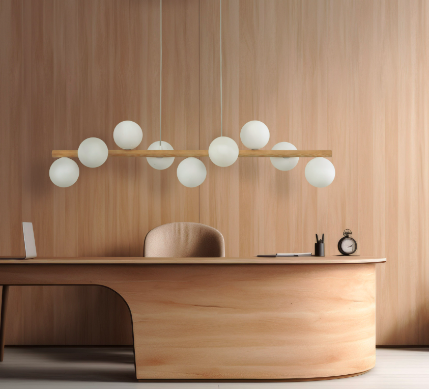 Drewniana lampa wisząca Estera 9 z białymi kloszami