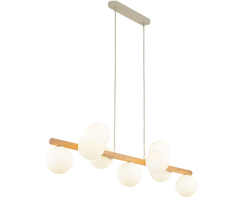 Drewniana lampa wisząca Estera 9 z białymi kloszami