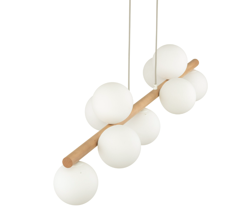 Drewniana lampa wisząca Estera 9 z białymi kloszami