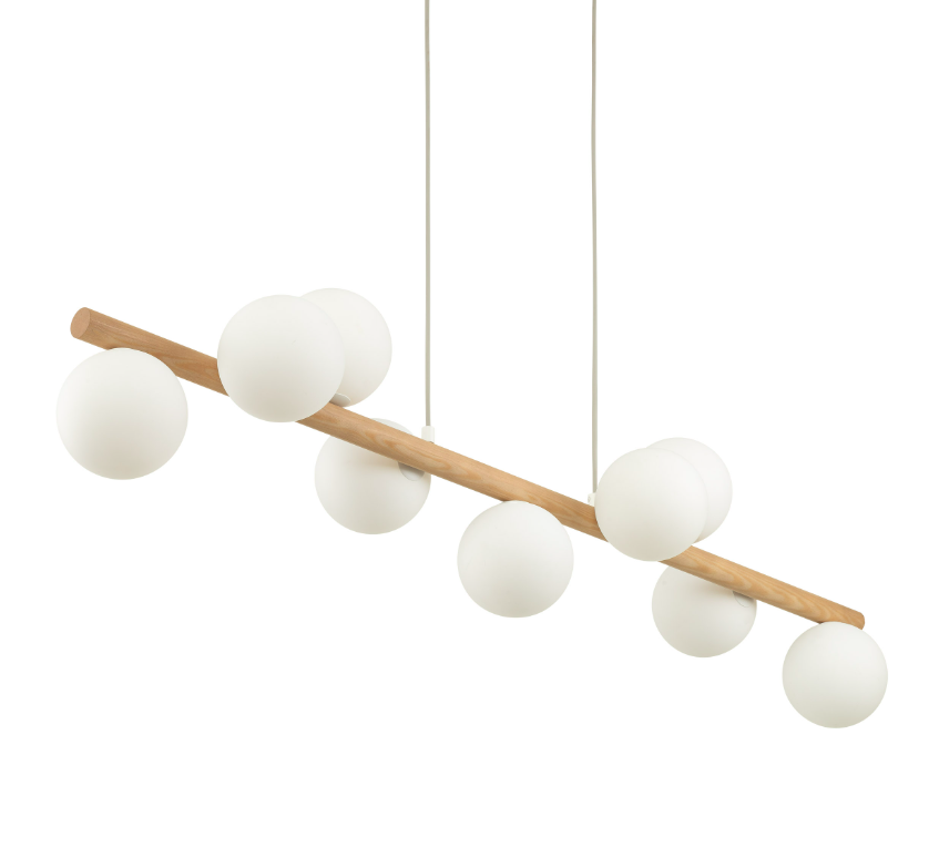 Drewniana lampa wisząca Estera 9 z białymi kloszami