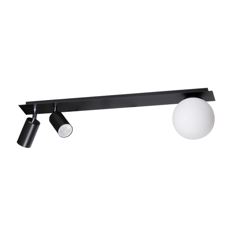Nowoczesna lampa sufitowa Albio z szklaną kulą i dwoma reflektorami