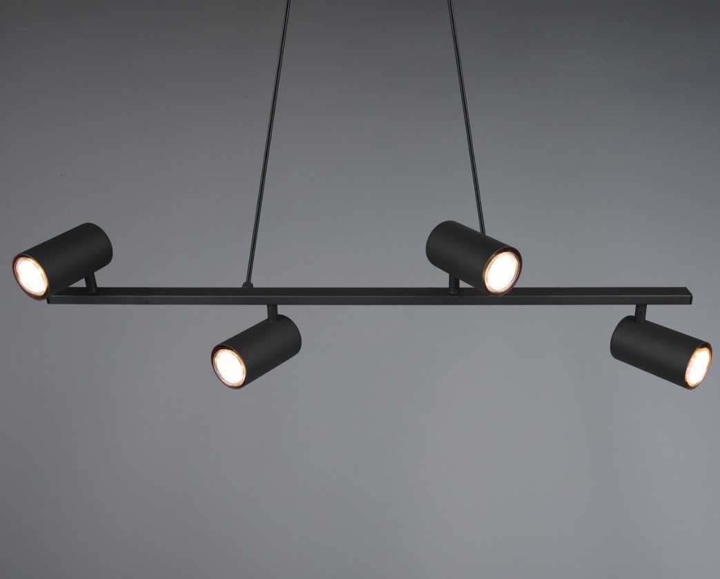 Podłużna wisząca lampa Marley 4 z czarnymi reflektorami