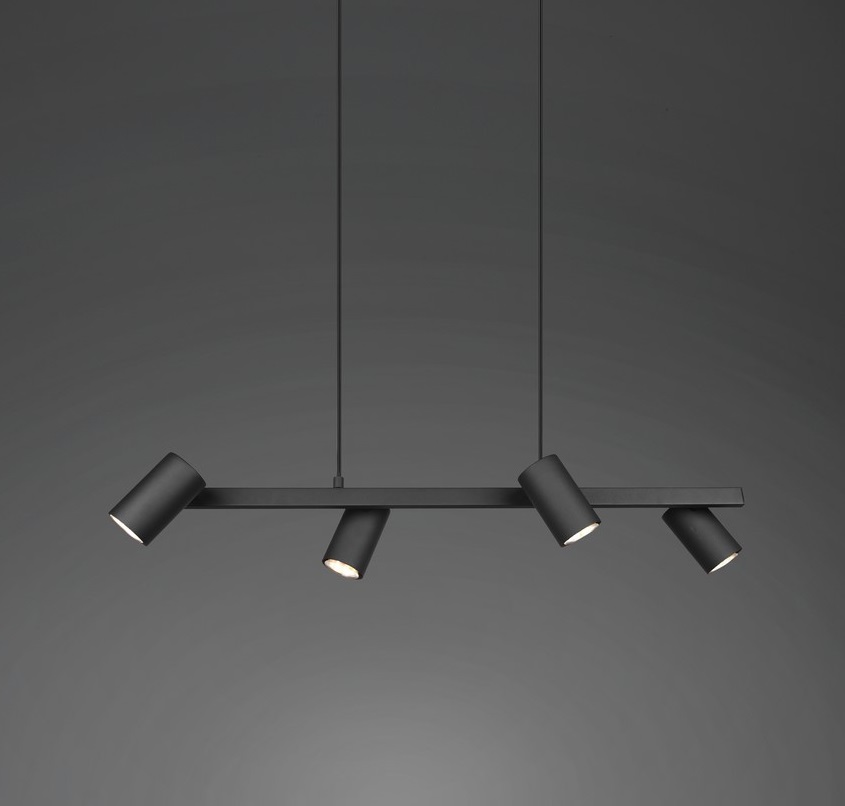 Podłużna wisząca lampa Marley 4 z czarnymi reflektorami