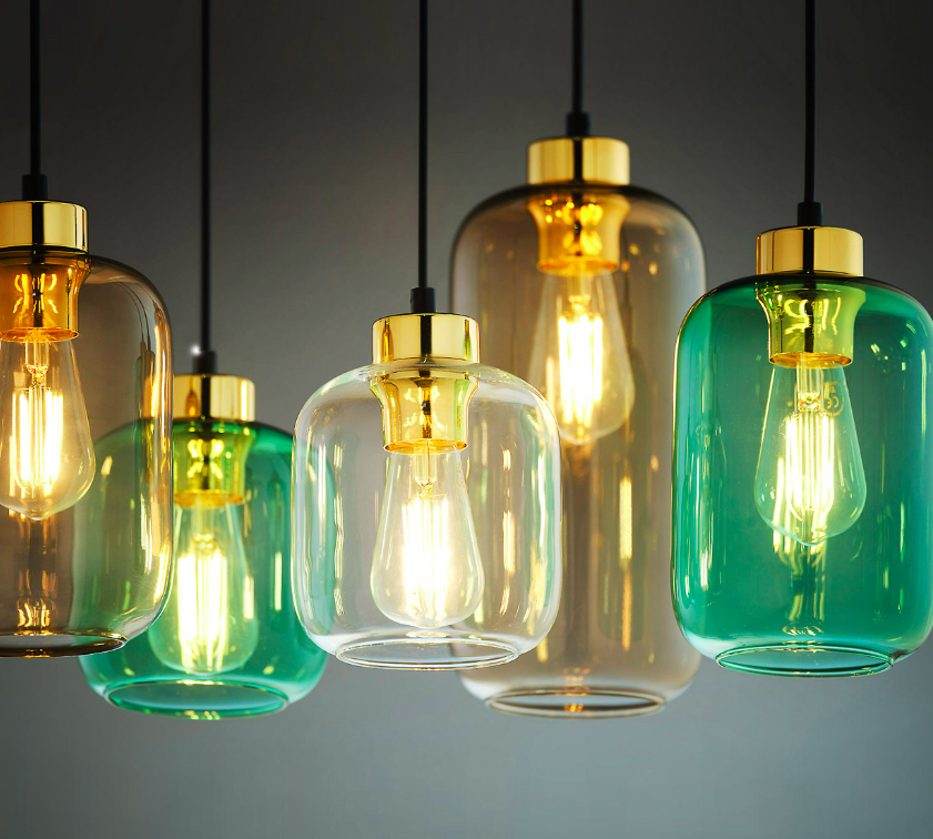 Wiszący żyrandol Marco 6 ze szklanymi, kolorowymi kloszami