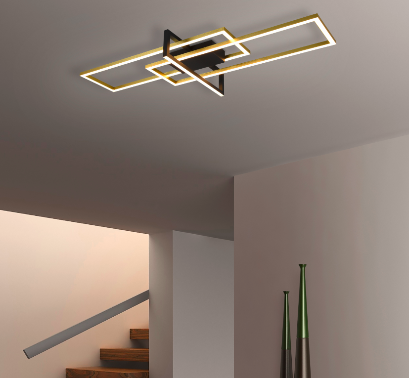 Złoty, płaski żyrandol LED Salinas o mocy 34W i ciepłej barwie światła 3000K