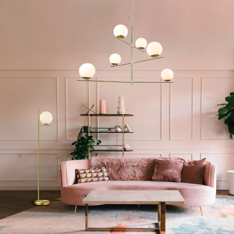 Złoty wiszący żyrandol Pure Trio 6 ze szklanymi kloszami