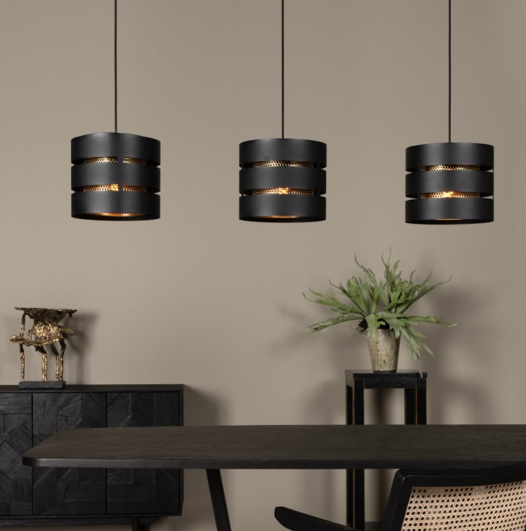 Lampa wisząca Rosas 3 w czarno-złotym wykończeniu z trzema punktami świetlnymi, idealna nad stół