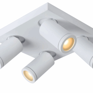 Biała listwa sufitowa z czterema regulowanymi reflektorami LED skierowanymi w różne strony.