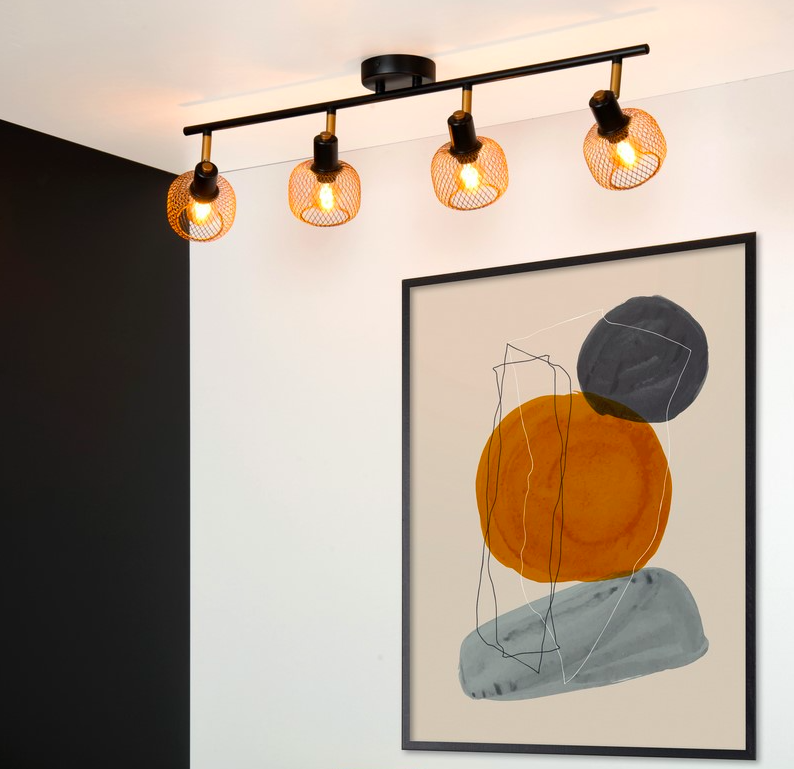 Lampa Maren 4 w kolorze czarno-złotym z drucianymi kloszami na szynie