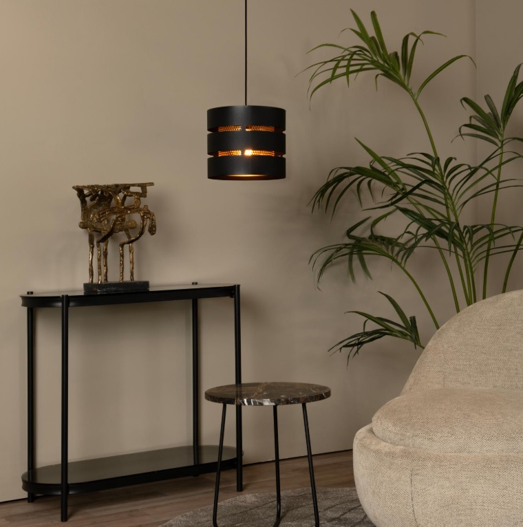 Wisząca lampa Rosas w czarno-złotym wykończeniu o dekoracyjnym charakterze