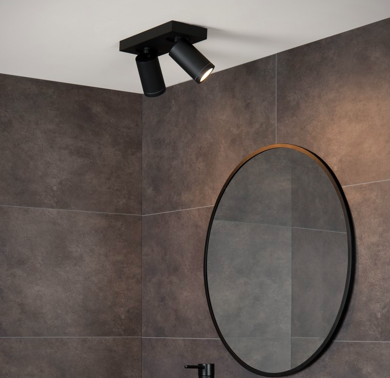 Czarna lampa punktowa Taylor 2 do łazienki z dwiema tubami i klasą szczelności IP44