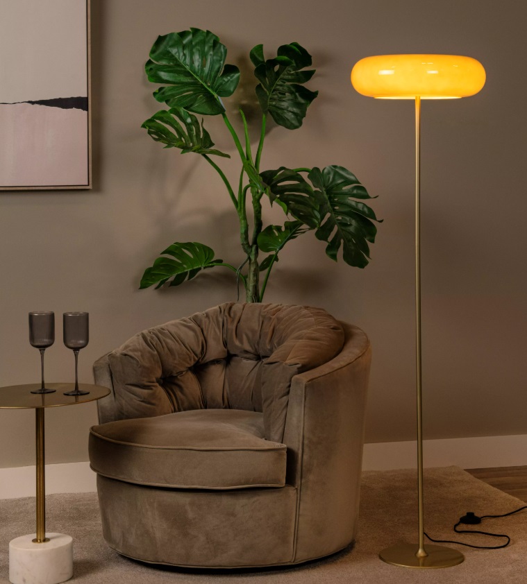 Stylowa lampa stojąca Sentino z beżowym szklanym kloszem w kształcie torusa