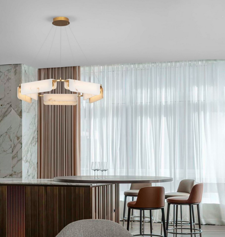 Stylowy żyrandol Lunalith 5 w stylu art deco z kloszami z marmurowego szkła