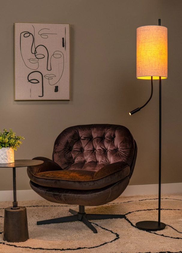 Stojąca lampa LED do czytania Magic z beżowym lnianym kloszem