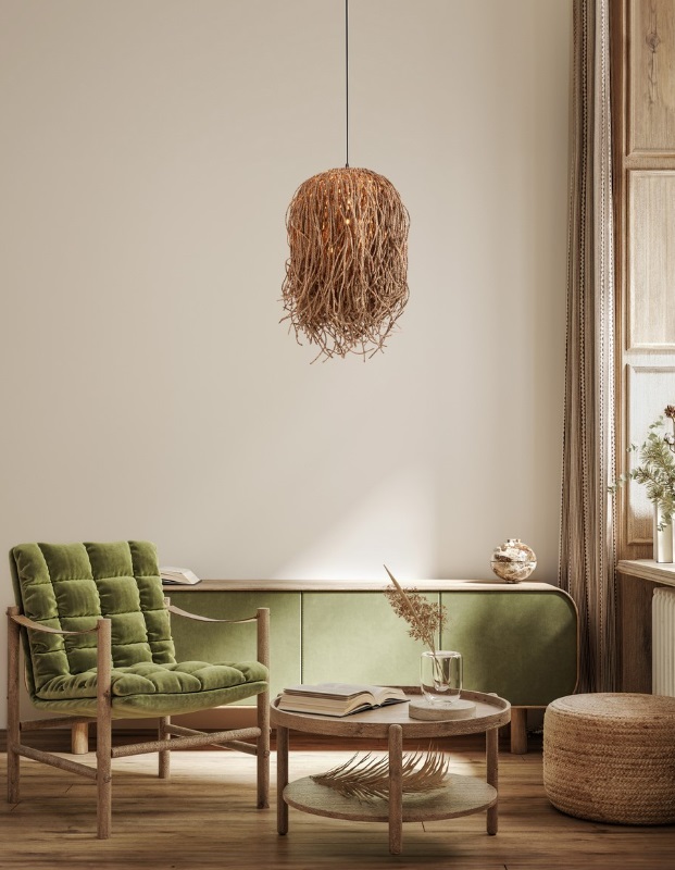 Zwieszana lampa Maroya w boho stylu z plecionej trawy