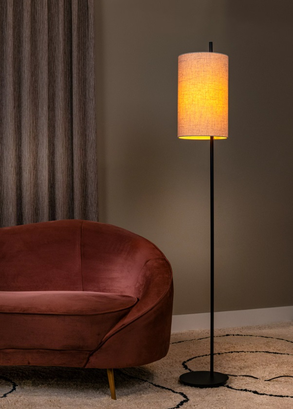 Lampa stojąca Magic w nowoczesnym stylu z beżowym lnianym kloszem