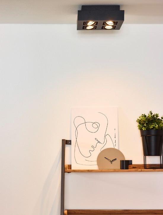 Kwadratowy plafon Xirax 4 w nowoczesnym stylu z czarnymi, regulowanymi oprawkami