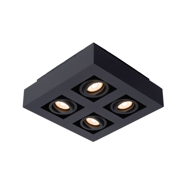 Kwadratowy plafon Xirax 4 w nowoczesnym stylu z czarnymi, regulowanymi oprawkami