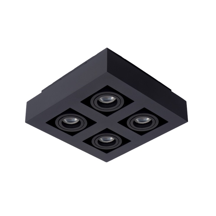 Kwadratowy plafon Xirax 4 w nowoczesnym stylu z czarnymi, regulowanymi oprawkami