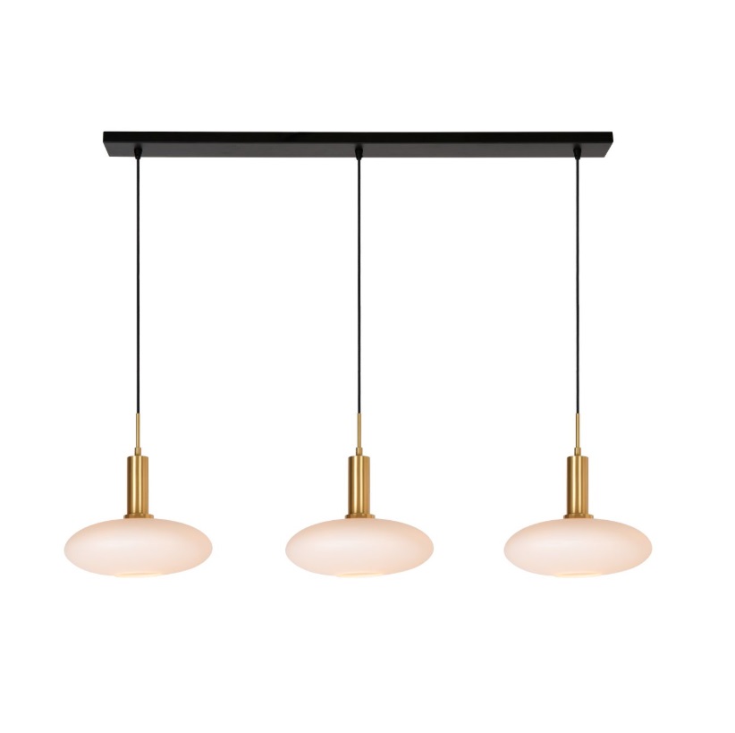 Lampa wisząca Singala 3 w złotym kolorze z płaskimi kloszami nad wyspę kuchenną