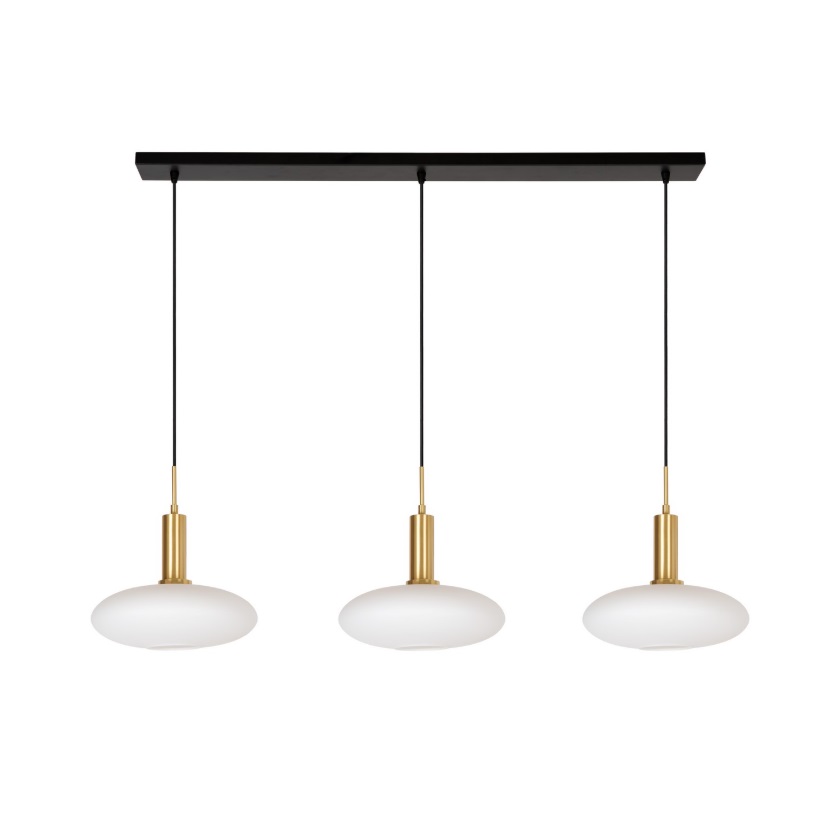 Lampa wisząca Singala 3 w złotym kolorze z płaskimi kloszami nad wyspę kuchenną