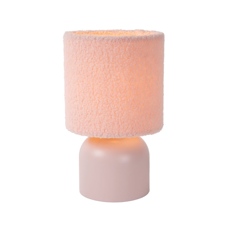 Stołowa lampka Woolly w różowym kolorze z kloszem z bawełny