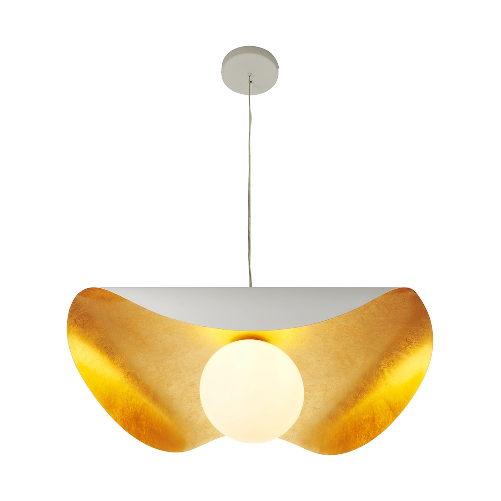 Wisząca lampa Enzo 60 w eleganckim biało-złotym wykończeniu ze szklanym mlecznym kloszem