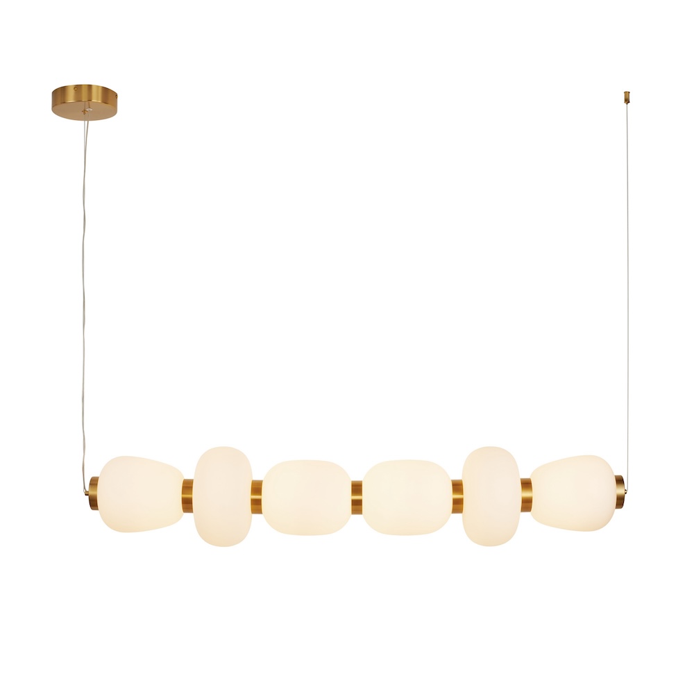 Złota lampa wisząca Brilla 6 w podłużnej formie nad stół