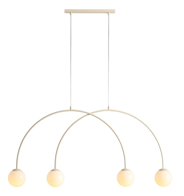 Lampa wisząca Una 4 S kremowa – łuk z kulistymi kloszami nad wyspę
