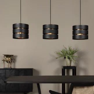 Lampa wisząca Rosas 3 w czarno-złotym wykończeniu z trzema punktami świetlnymi, idealna nad stół