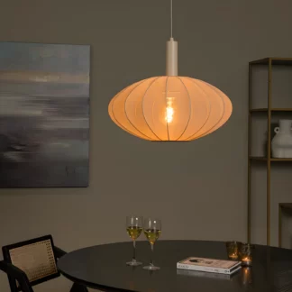 Lampa wisząca Corina w beżowym kolorze z siatkowanej tkaniny – idealna nad stół